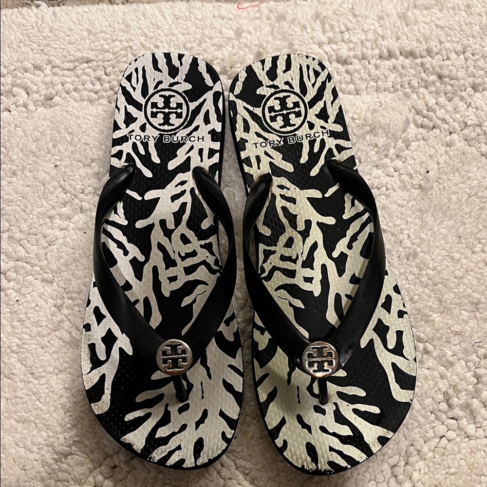 Tory Burch Zebra Print Flip Flops in Black and White